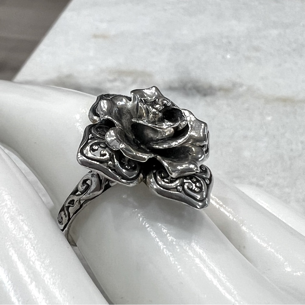 Sterling Silver Floral 3D Ring Sz 8 - Picture 6 of 10